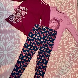 Falls Creek Kids Matching Set Maroon, Pink, tops and Navy butterfly leggings